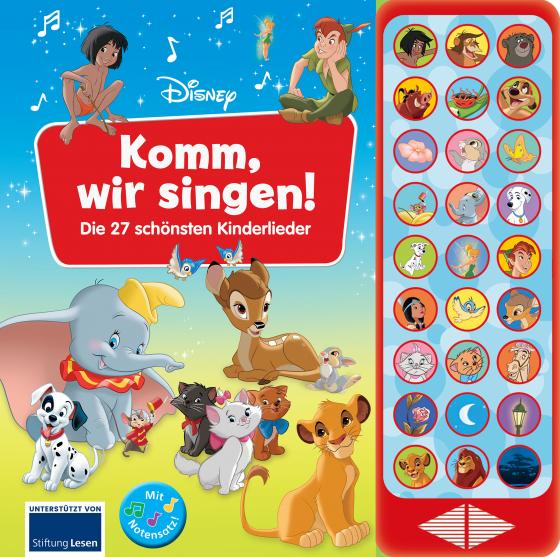 Cover-Bild Disney - Komm, wir singen! Die 27 schönsten Kinderlieder - 27-Button-Soundbuch - Liederbuch mit Noten zum Mitsingen