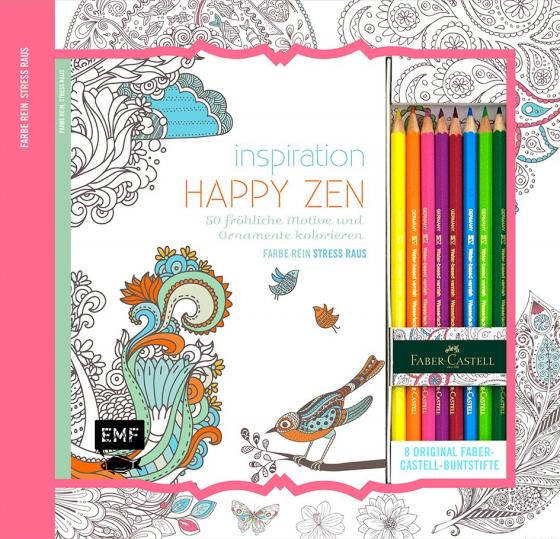 Cover-Bild Kreativ-Set Farbe rein, Stress raus: Inspiration Happy Zen: 50 fröhliche Motive und Ornamente kolorieren