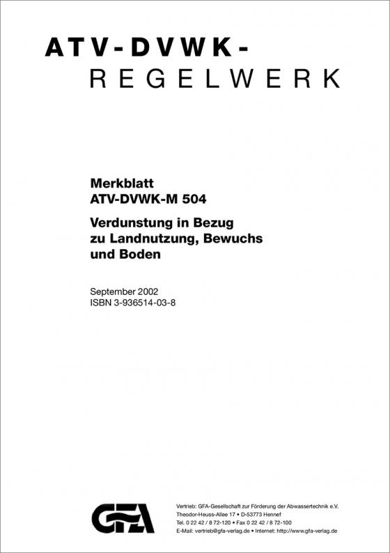Cover-Bild Merkblatt ATV-DVWK-M 504 Verdunstung in Bezug zu Landnutzung, Bewuchs und Boden