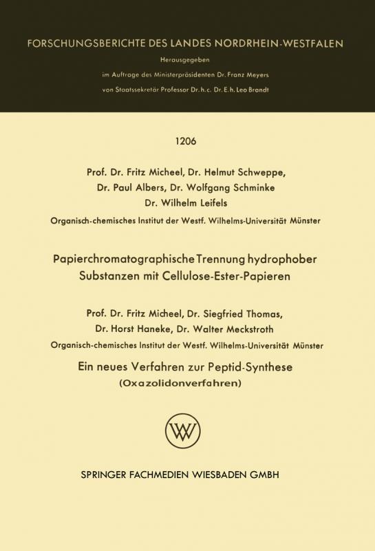 Cover-Bild Papierchromatographische Trennung hydrophober Substanzen mit Cellulose-Ester-Papieren. Ein neues Verfahren zur Peptid-Synthese (Oxazolidonverfahren)