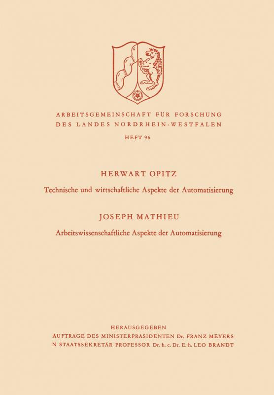 Cover-Bild Technische und wirtschaftliche Aspekte der Automatisierung. Arbeitswissenschaftliche Aspekte der Automatisierung